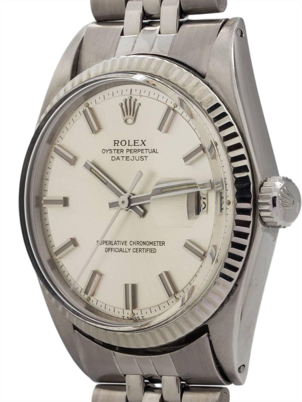 Rolex Stainless Steel Datejust ref 1601 serial number 2.3 million circa 1968. Featuring 36mm diameter Oyster case with 14K WG fluted bezel, acrylic crystal and signed crown. With very attractive and great condition original silver satin dial with