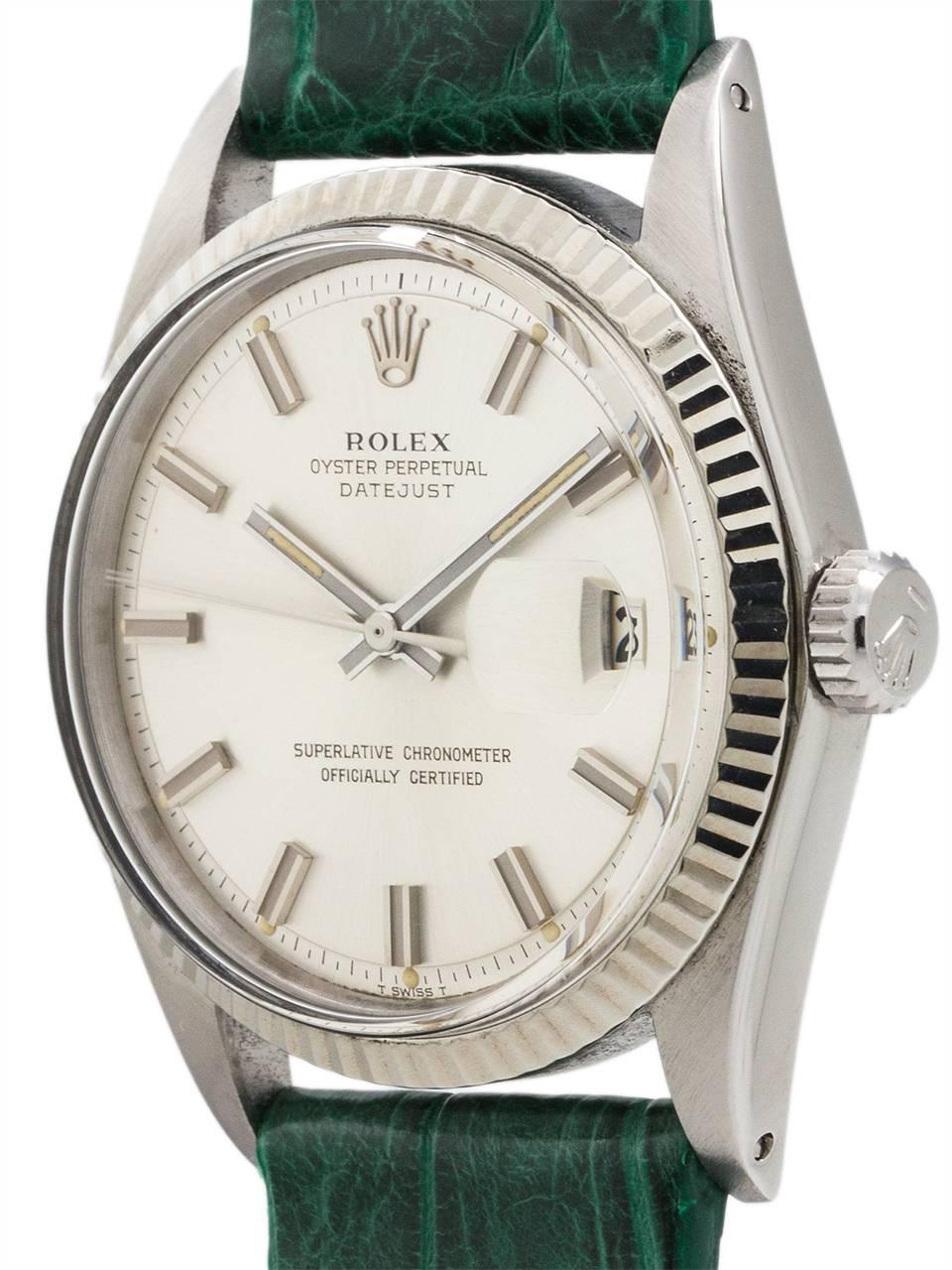 Rolex Man’s Stainless Steel Datejust ref 1601 serial # 2.4 million circa 1970. Featuring 36mm diameter case with 14K WG fluted bezel, acrylic crystal, and original silver satin so called “Fat Boy” pie pan dial with wide applied silver indexes and