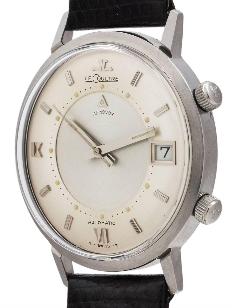 LeCoultre extra large 39mm automatic Memovox alarm, ref 2817 circa 1963 with distinctive Roman figures dial. In our opinion, the best looking and most desirable of all the round LecCoultre alarm models from the 1960’s and 1970’s era. Featuring an