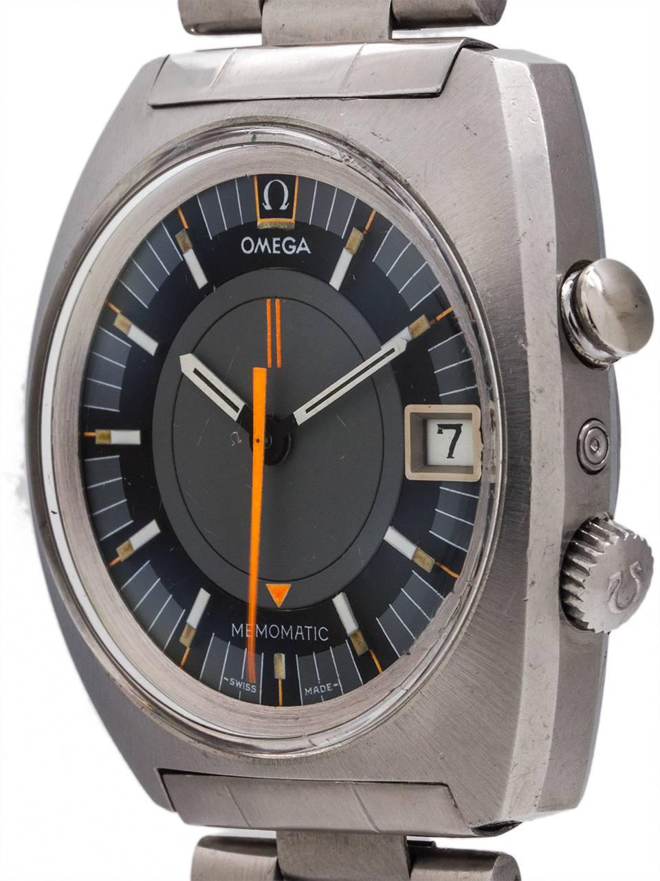 Omega stainless steel Seamaster Memomatic ref 166.072 serial # 30.0 million circa 1969. 40 x 43mm over sized cushion shaped case with acrylic crystal. Original gray and black dial, orange alarm indicator arrow with original signed bracelet. Powered