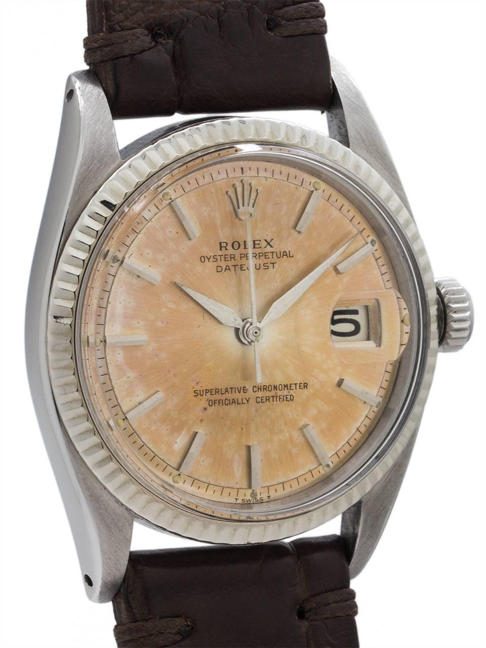 Rolex Stainless Steel Datejust automatic Tropical Peach Wristwatch, circa 1963 In Excellent Condition For Sale In West Hollywood, CA
