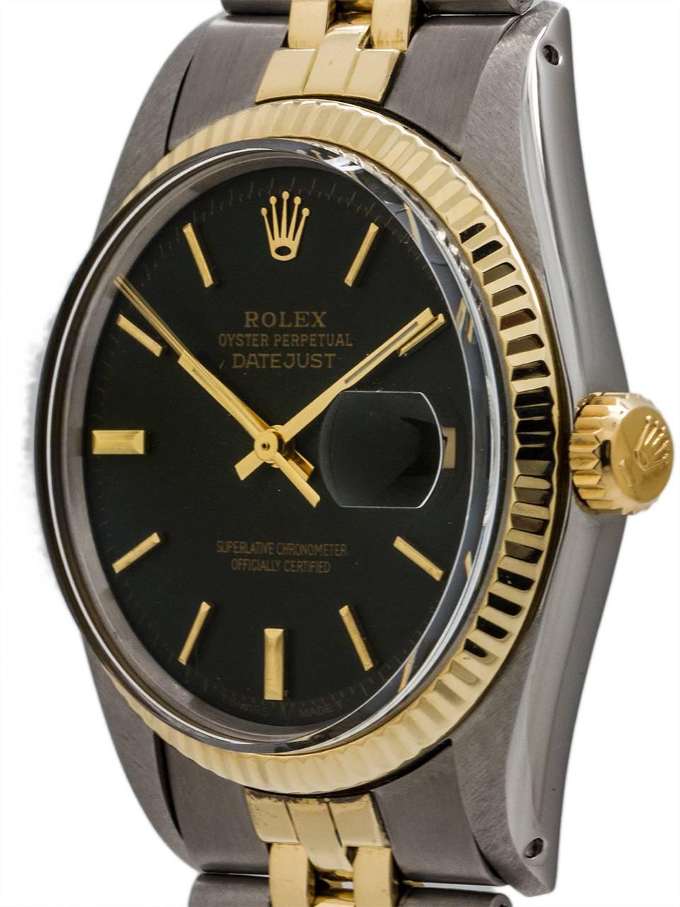 Vintage man’s Rolex Datejust stainless steel and 14K gold circa 1972. Full size man’s dress model 36mm diameter Oyster case with 14K yellow gold fluted bezel, signed screw down crown and acrylic crystal. With great looking professionally restored