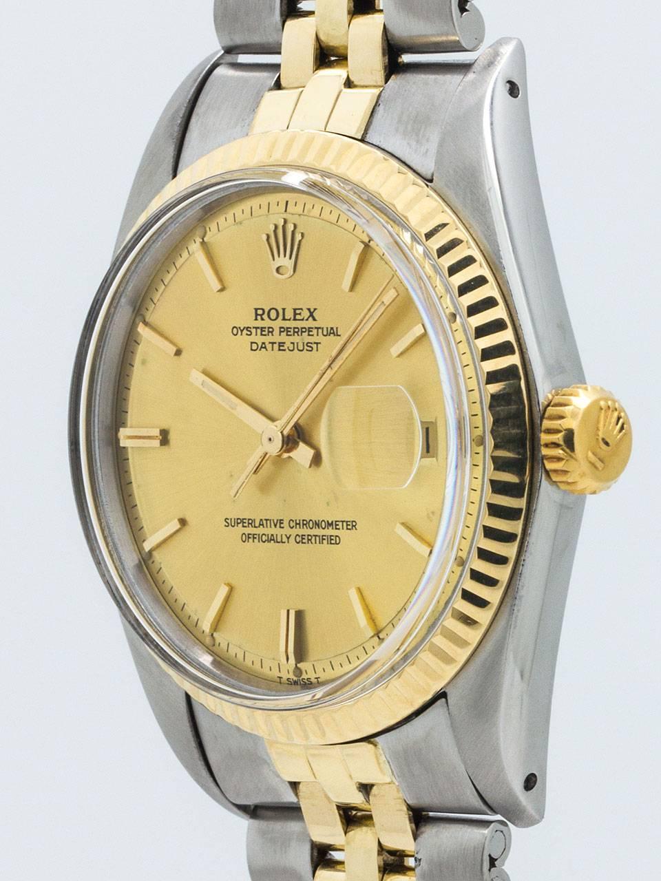 Vintage Rolex Datejust ref 1601 serial# 1.1 million circa 1964. Featuring 36mm full size stainless steel man’s model with 14K YG fluted bezel, gold shell Rolex crown, acrylic crystal, and beautifully restored antique white pie pan dial with applied
