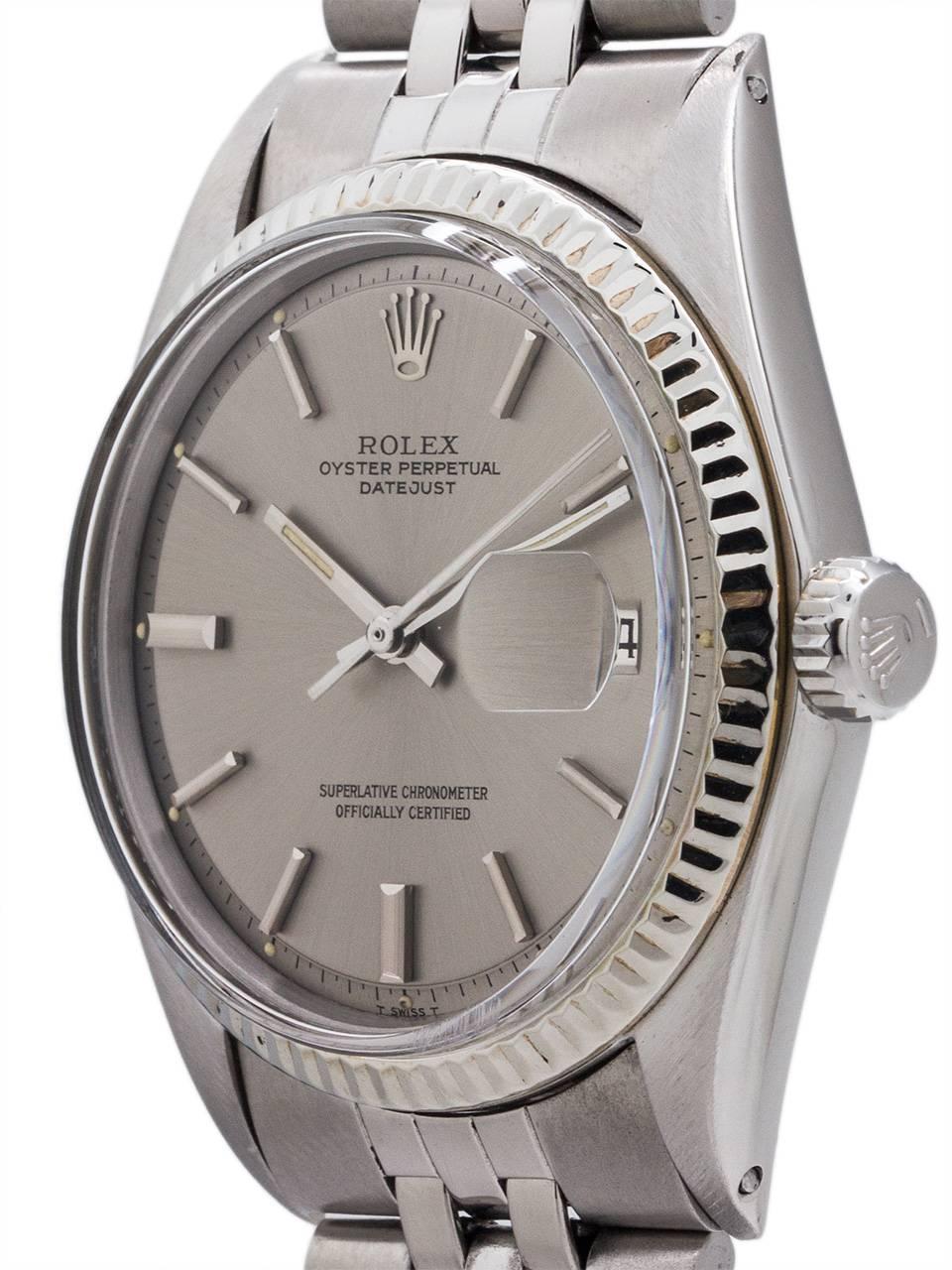 Rolex Oyster Perpetual Datejust ref 1601 serial# 3.0 million circa 1972. Featuring a 36mm diameter case with 14K WG fluted bezel and acrylic crystal and original gray pie pan dial with applied silver indexes and silver baton hands. Powered by