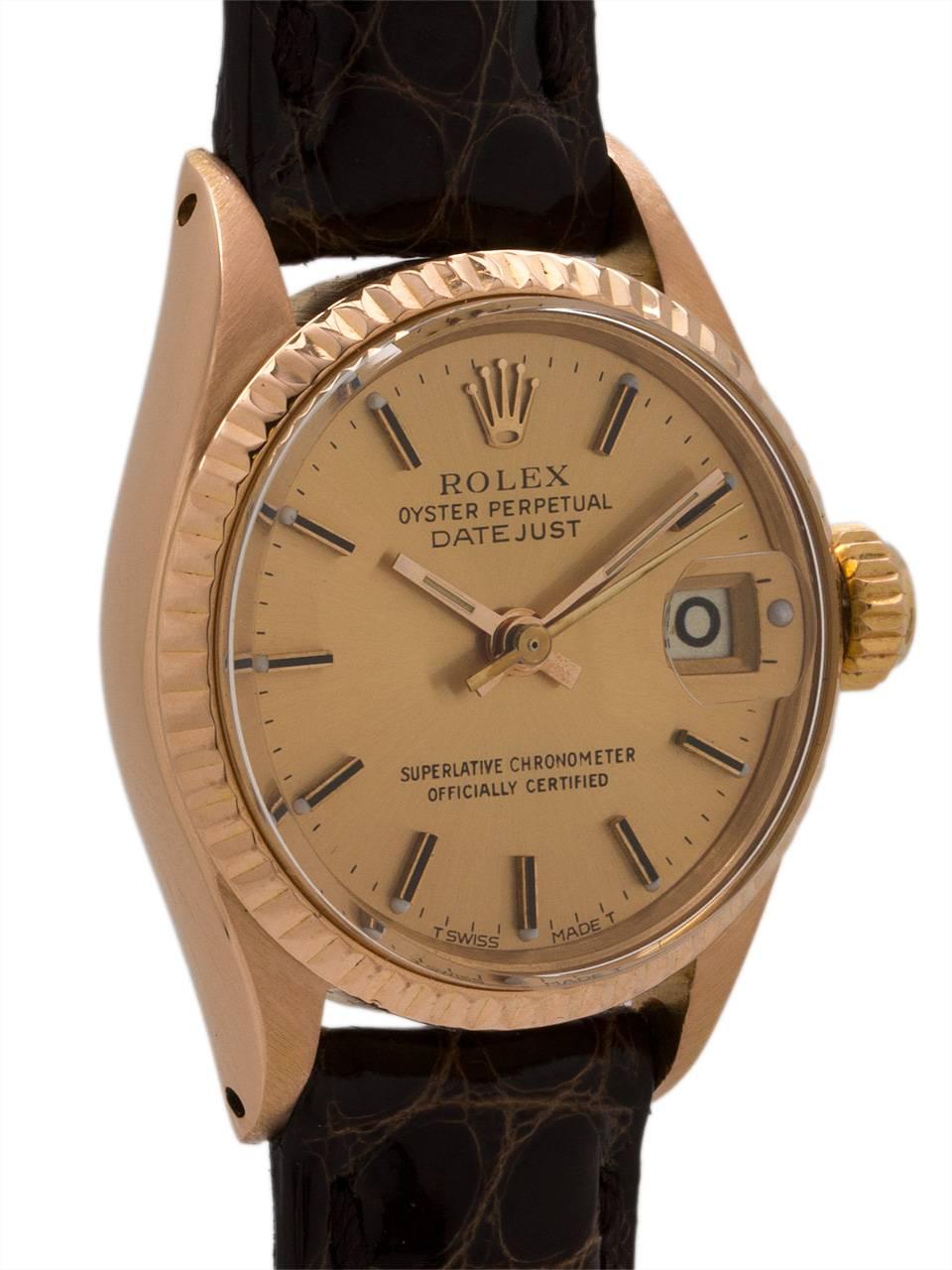 Rolex Ladies Rose Gold Datejust Self Winding Wristwatch Ref 6917, circa 1987 In Excellent Condition For Sale In West Hollywood, CA