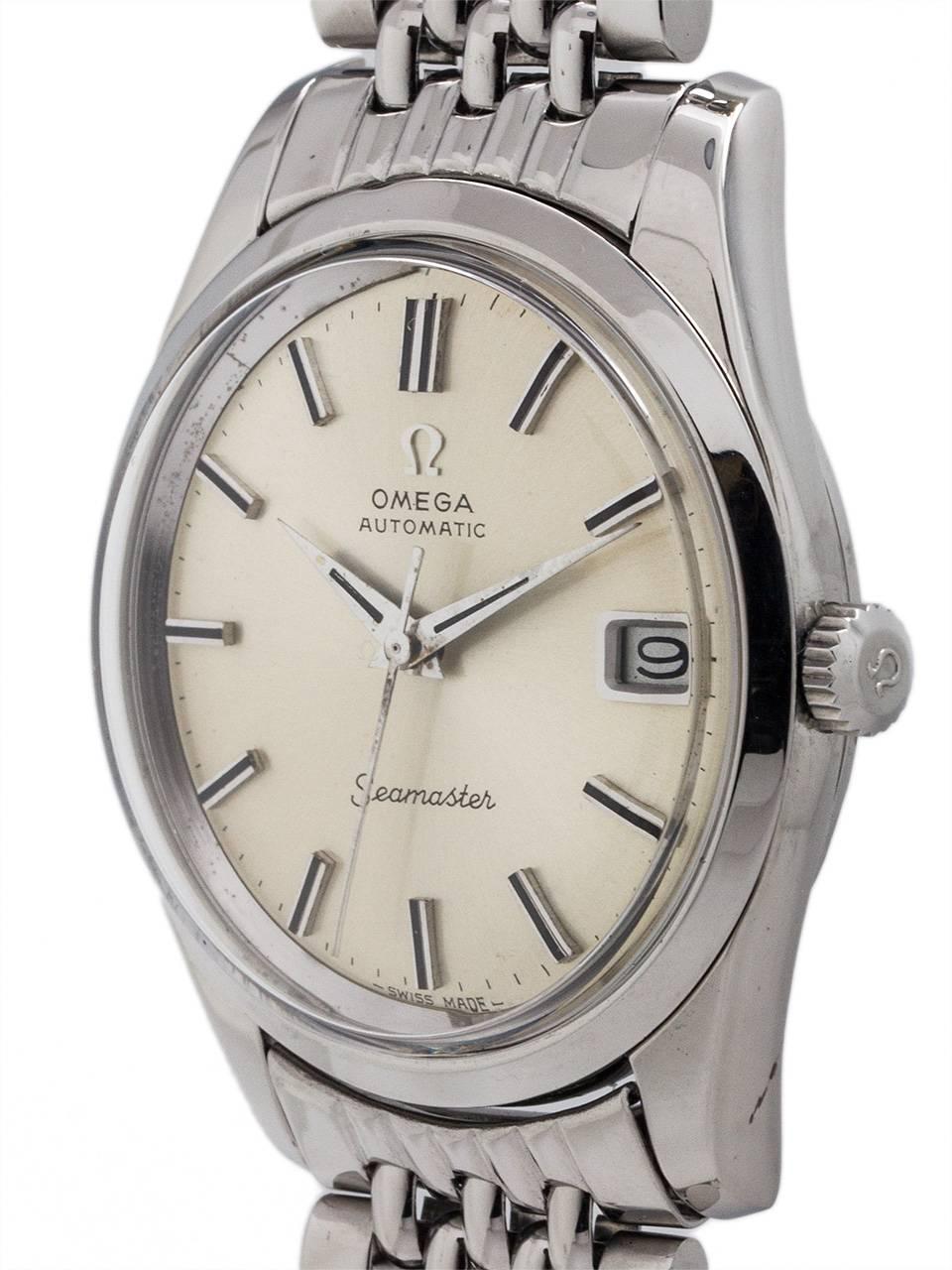 A truly exceptional example Omega Seamaster automatic with date ref 168.024 stainless steel circa 1968. Featuring a robust 35 x 42mm diameter case with smooth wide bezel, substantial contoured lugs and acrylic crystal with signed Omega crown and