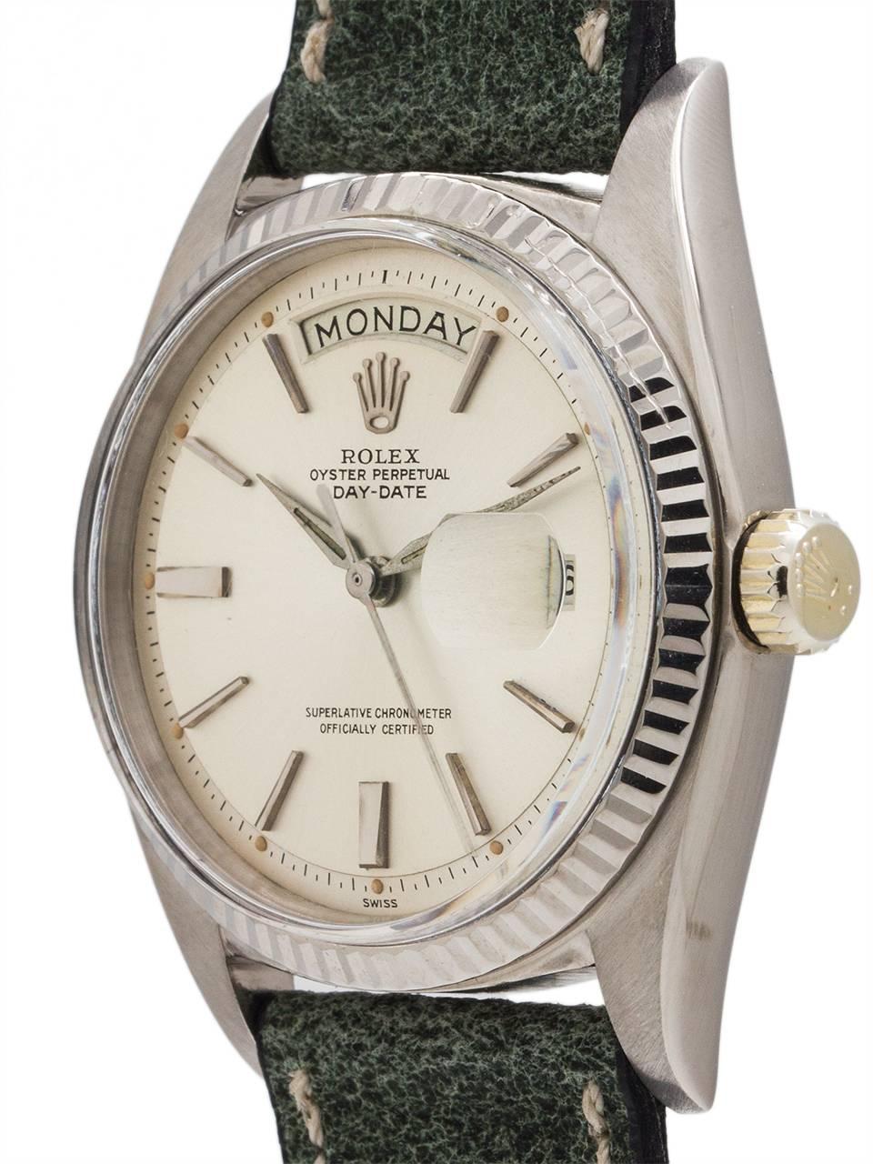 Very nice condition early example vintage Rolex Day Date President ref 1803 serial # 890,xxx circa 1963. Featuring 36mm diameter case with fluted bezel and acrylic crystal.  A very desirable example featuring an original silver satin pie pan dial