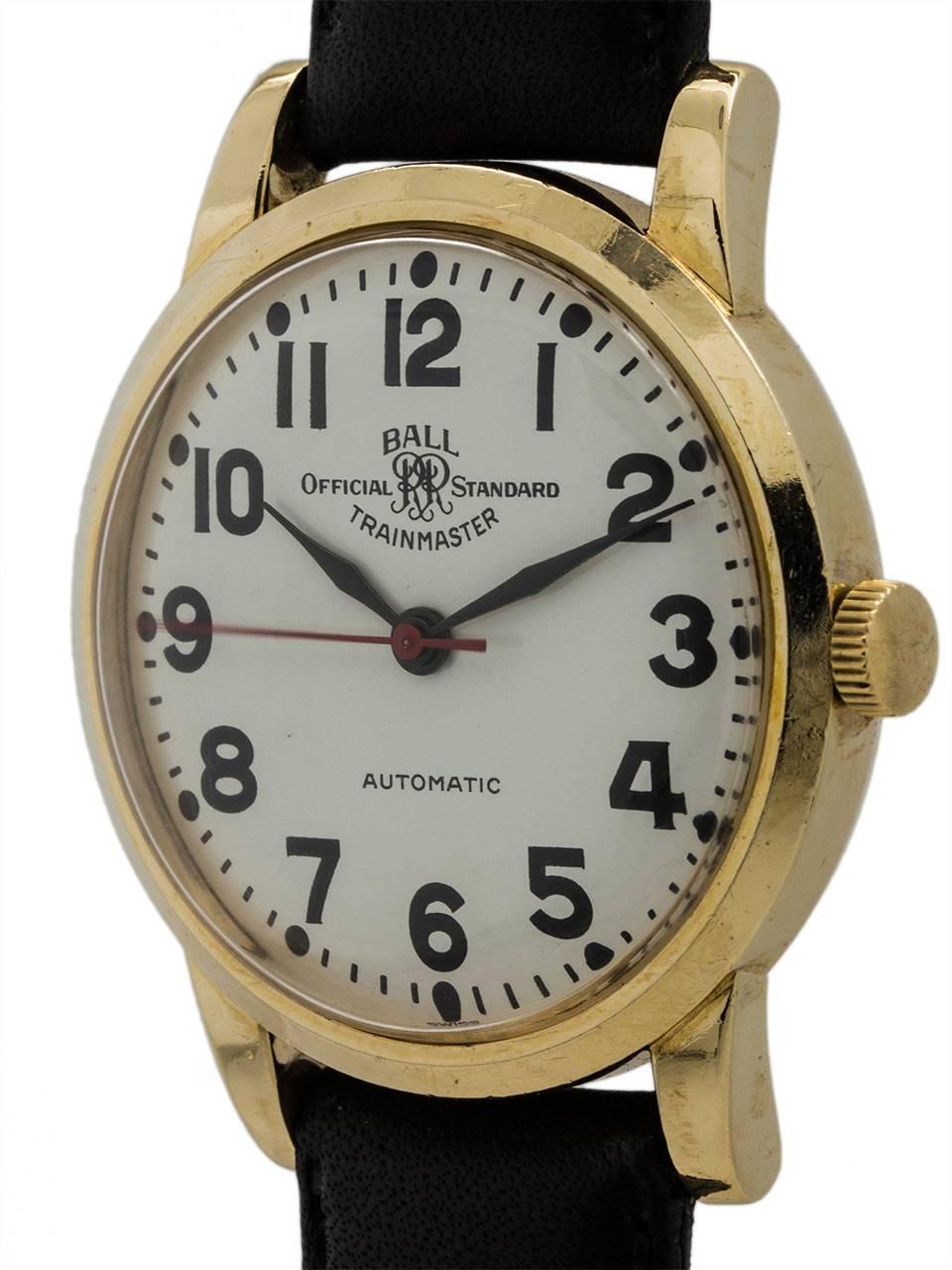 Very nice condition vintage Ball Railroad wristwatch circa 1960's. This model bears the logo Ball Trainmaster Official Standard, designating its approval for use for U.S. railroad employees. Great looking thick lug and wide bezel 35 x 42mm gold