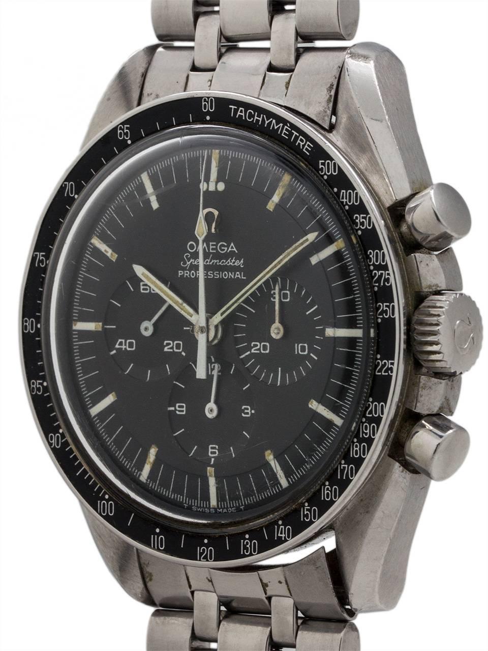 Vintage Omega Speedmaster ref 145.012-67 circa 1968. Extremely nice example pre-moon Speedmaster model movement serial # 26.5 million with venerable caliber 321 manual wind movement. Featuring a very pleasing original matte black step dial with,