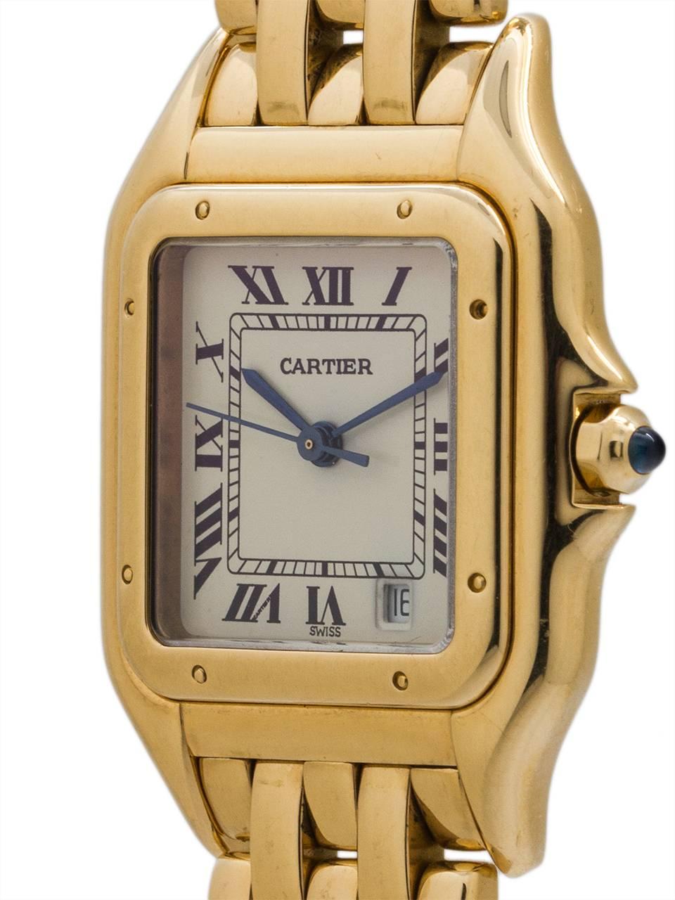 Cartier man's Panther model 18K yellow gold, circa 1980's. Featuring medium sized square 26.5 X 36mm case with domed stepped bezel secured by screws, antique white dial with classic Cartier Roman figures and blued steel hands. Powered by quartz