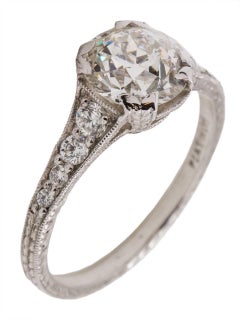 Hand Engraved Diamond Engagement Ring Platinum 1.63 Carat Old European Cut G-VS1