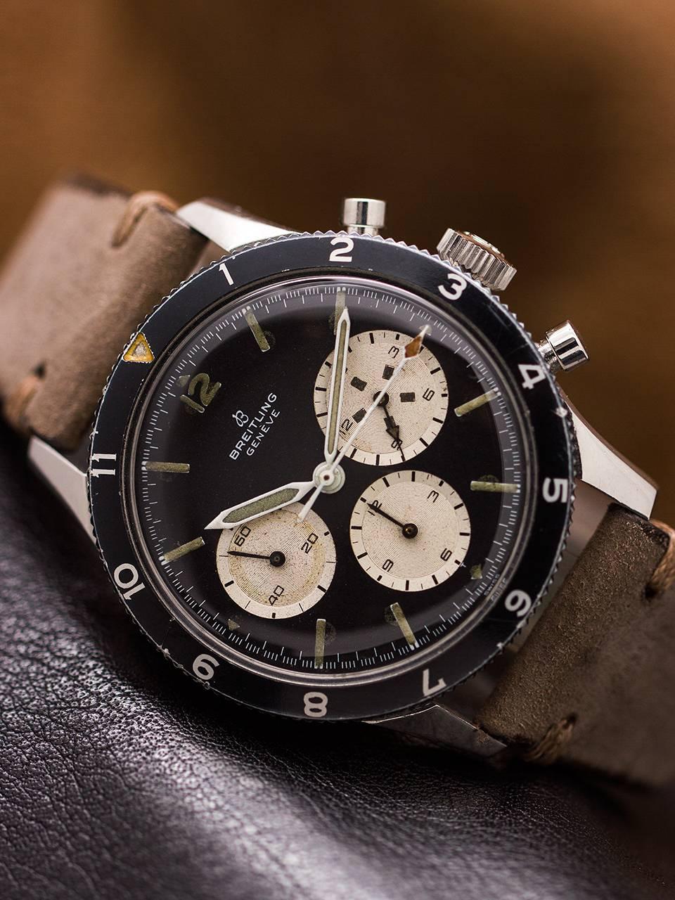 Great condition example vintage Breitling Co-Pilot ref 765 CP case serial # 1.14 million circa 1967. Featuring 41mm diameter case with screw down case back, round pushers, signed Breitling crown, beautiful condition original dial. This is the