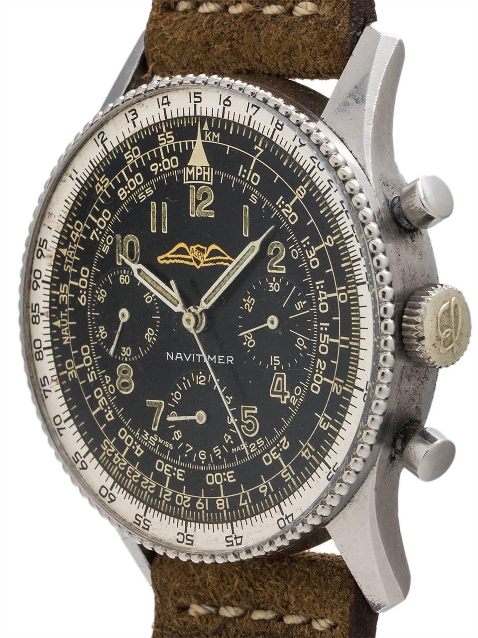 Beautiful condition early vintage Breitling Navitimer ref 806 with AOPA logo, case serial # 929,xxx with early style beaded bezel and all black gilt dial with black registers circa 1960. Featuring a beautiful condition case with beaded bezel,