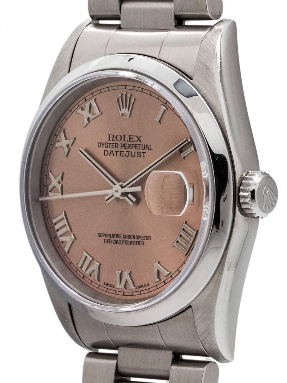Rolex Datejust stainless steel ref # 16200 serial# U6 circa 1997. Featuring 36mm diameter case with sapphire crystal and smooth bezel, original Roman Rose dial with applied heavy Roman indexes and silver baton hands. Powered by self winding calibre