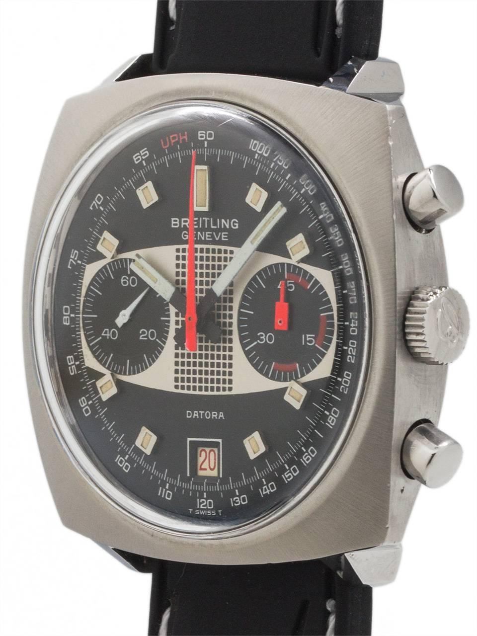 Vintage Breitling stainless steel manual wind chrongraph ref 2030 circa 1970. Featuring a very sharp condition 38 X 41mm cushion shaped case. With beautiful black dial with stylized elliptical race track pattern. Fluorescent orange chronograph
