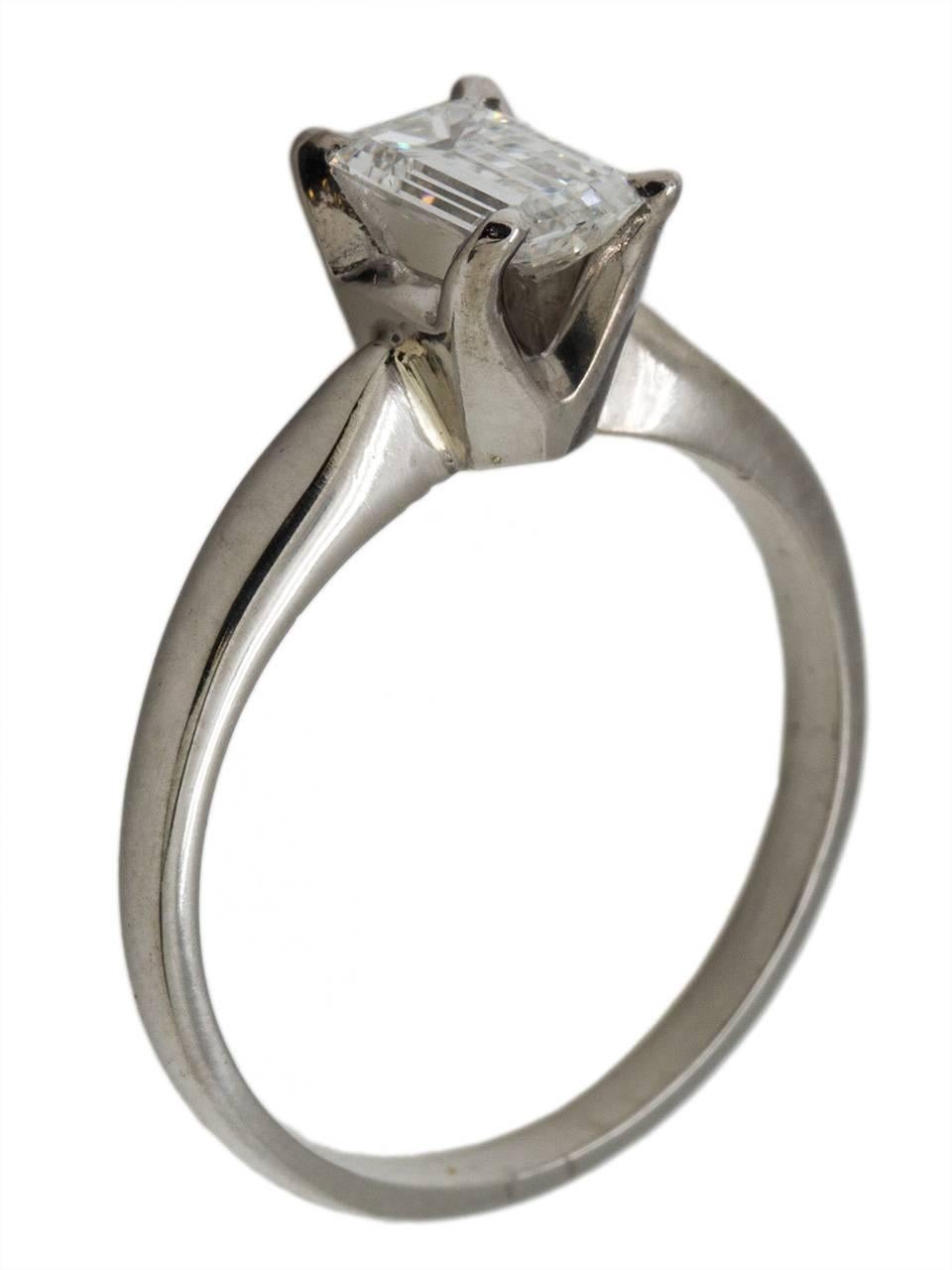 Platinum Diamond Solitaire Engagement Ring .60Ct Emerald Cut E-VS1 EGL Cert In Excellent Condition For Sale In West Hollywood, CA