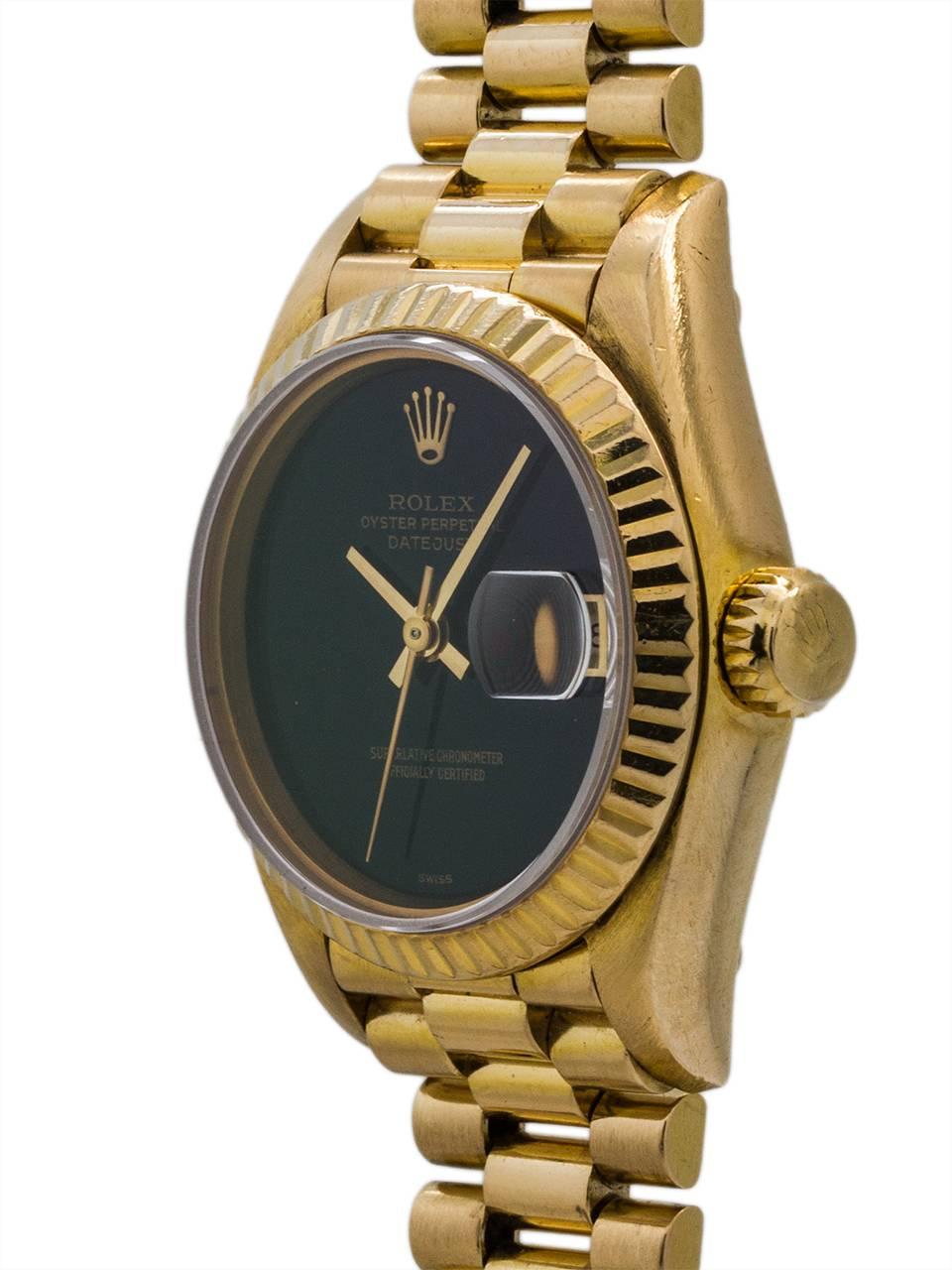 Rolex Lady Oyster Perpetual Datejust Onyx President ref 69178 serial #9.2 million circa 1987. Featuring 27 x 33mm 18K yellow gold case with fluted bezel and sapphire crystal. With beautiful condition original factory onyx stone dial with applied