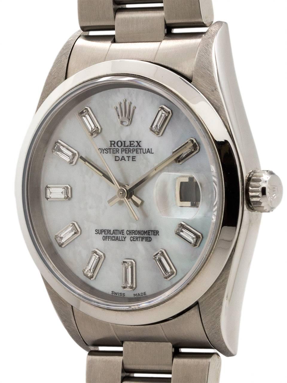 Rolex Oyster Perpetual Date ref 15200 serial# T4 circa 1996 with beautiful customized white mother of pearl dial with all baguette diamond indexes. Featuring a 34mm diameter case with smooth bezel, sapphire crystal, and impressive looking all