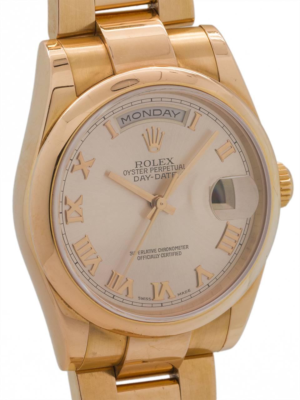 Rolex Yellow Gold Oyster President Roman Rose Dial Wristwatch, circa 2000 In Excellent Condition In West Hollywood, CA