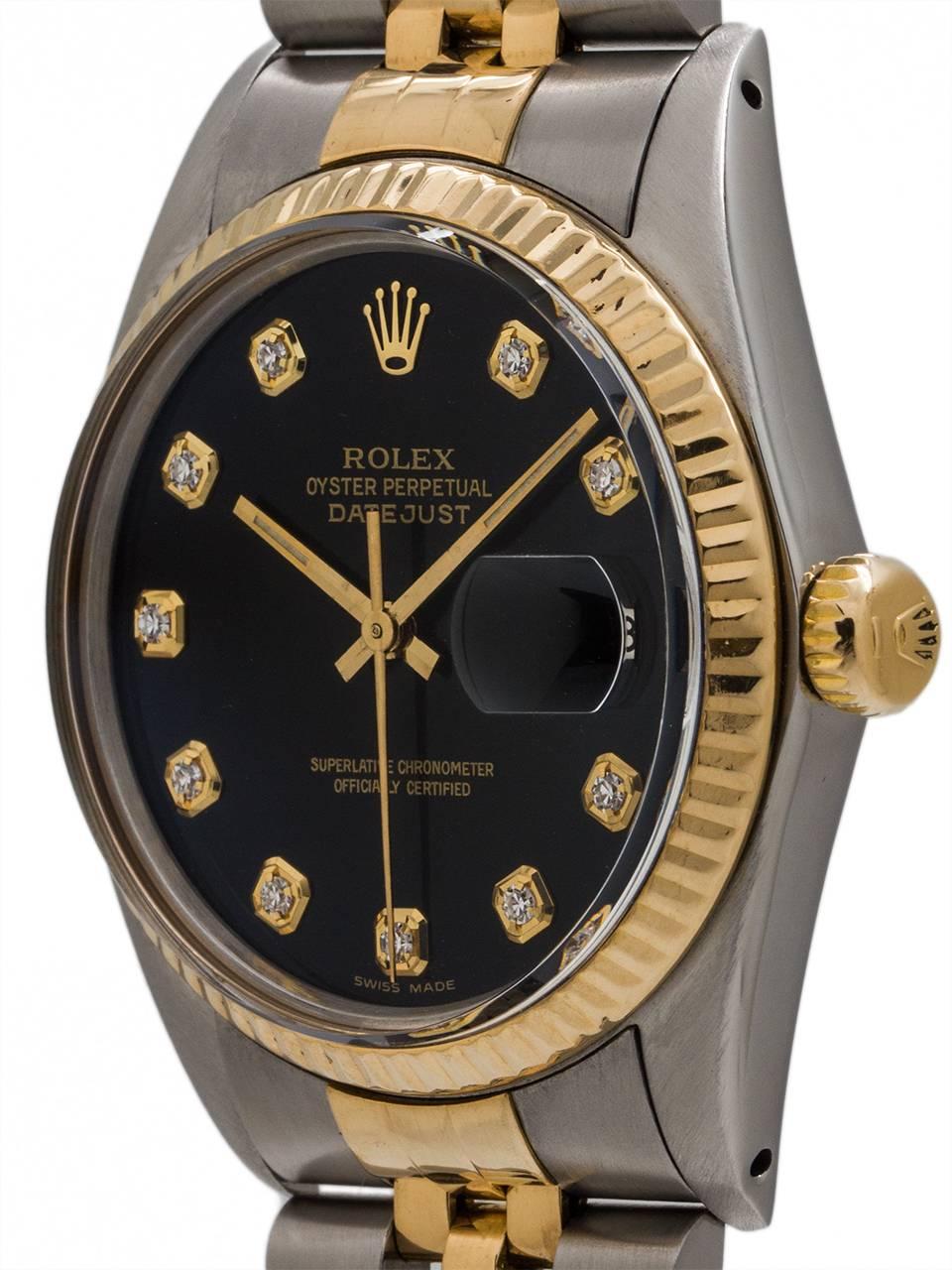 Rolex Datejust ref 16013 SS/18K YG circa 1980 with glossy black diamond set dial. Featuring full size man’s 36mm diameter case with 18K YG fluted bezel, acrylic crystal, and customized glossy black diamond set dial. Powered by calibre 3035 self