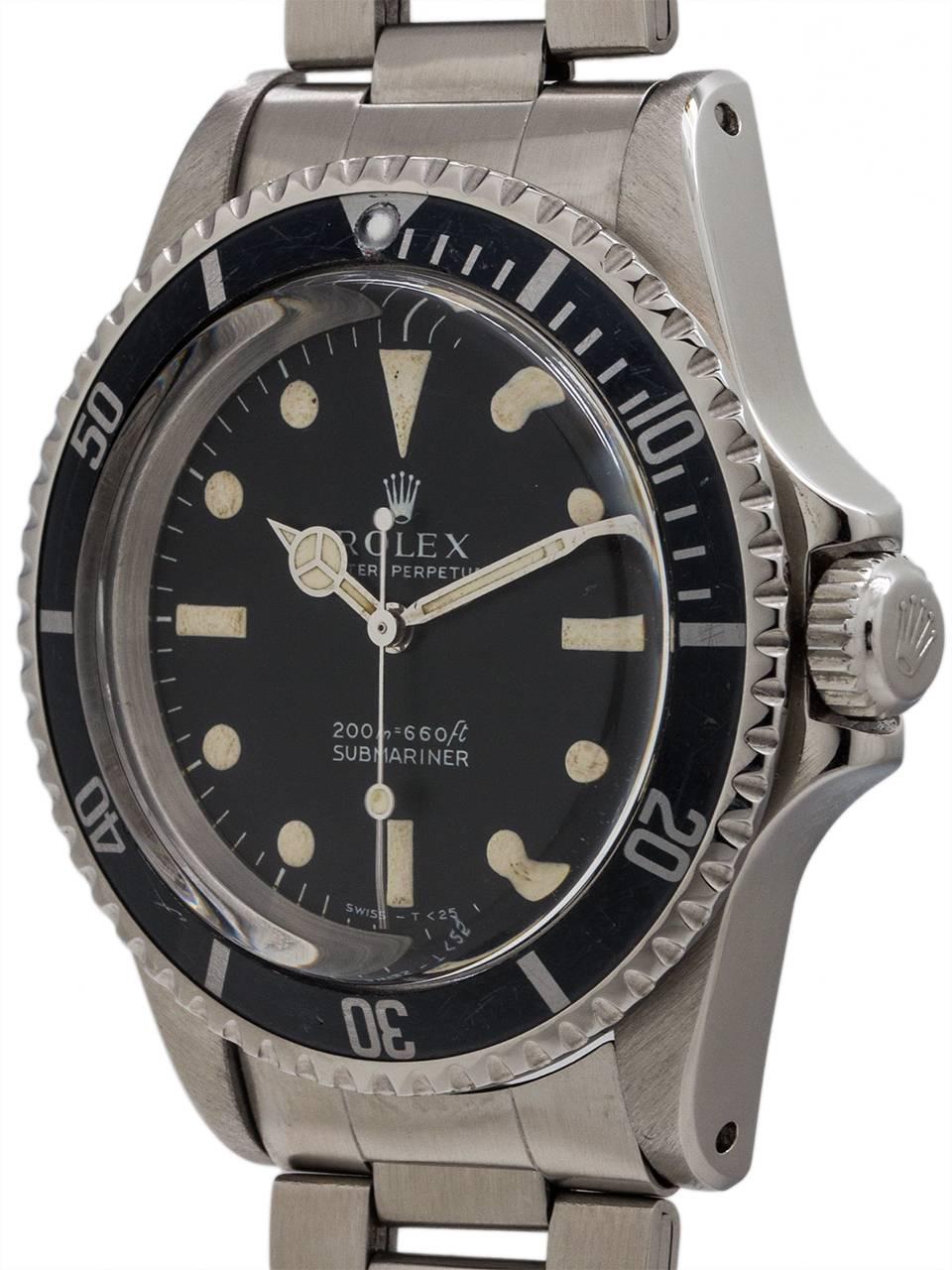 A very pleasing example “meters first” vintage Rolex stainless steel Submariner ref 5513 serial number 1.8 million circa 1967. Featuring 40mm diameter case with bi-directional elapsed time bezel, domed acrylic crystal, and screw down twin lock