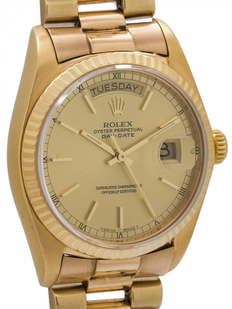 Rolex Yellow Gold Day Date Self Winding Wristwatch Ref 18038, circa 1978 In Excellent Condition In West Hollywood, CA