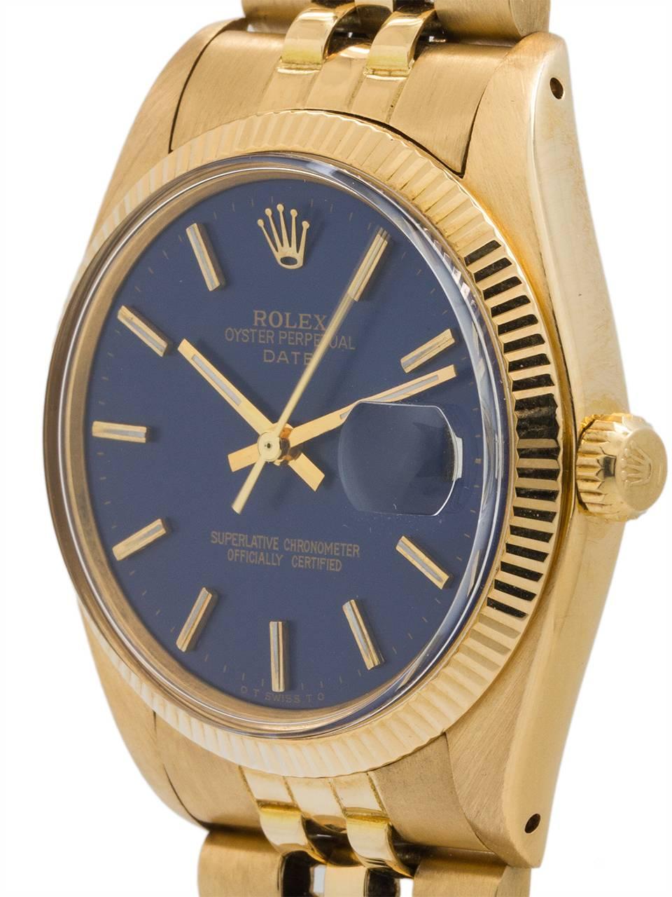 Rolex Oyster Perpetual Date ref 15037 serial #6.3 million circa 1980. Featuring 34mm diameter case with fluted bezel, acrylic crystal, and original Rolex dial which has been custom colored a beautiful cobalt blue color with applied gold indexes and