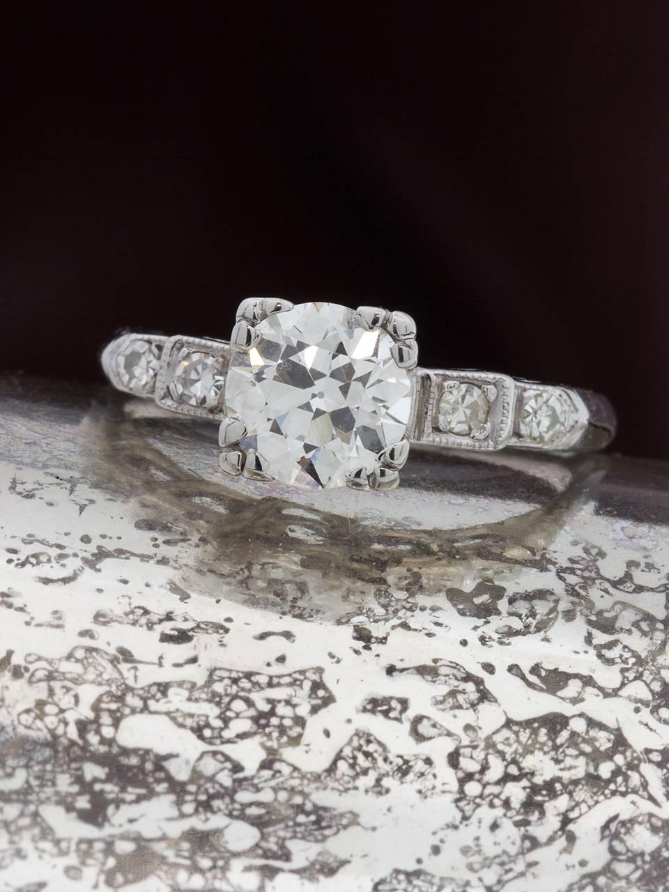 Art Deco Vintage Engagement Ring Platinum 1.22 Carat OEC Diamond J-VS1, circa 1930s For Sale
