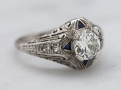 1920s Art Deco Diamond Sapphire Platinum Engagement Ring 0.89 Carat, E-SI2