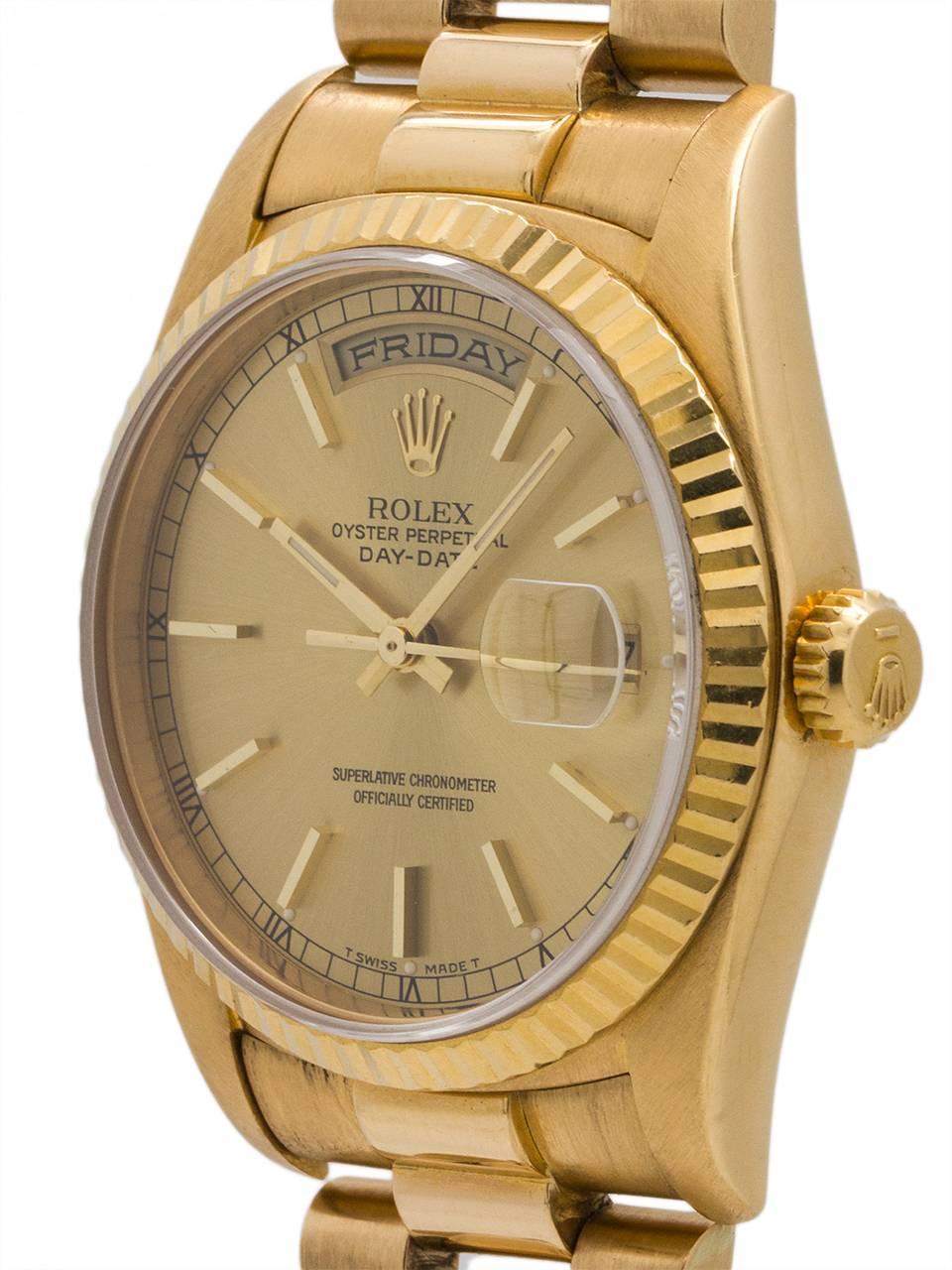 Rolex ref 18238 18K YG Day Date President case serial# S9 circa 1993. Featuring 36mm diameter full size man’s model with sapphire crystal and fluted bezel, and a beautiful original gold champagne dial. Powered by calibre 3155 double quick set