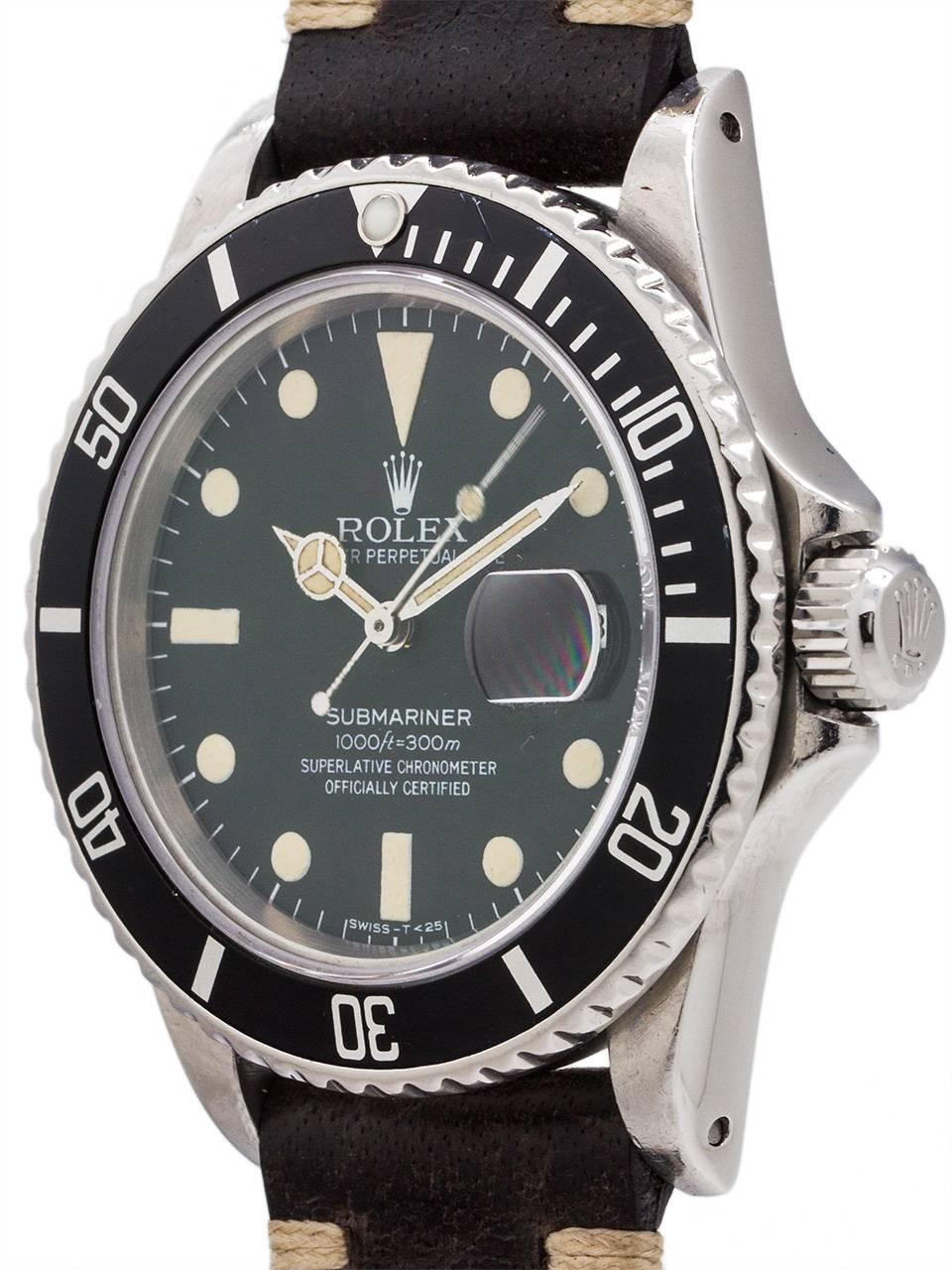 
Rolex Submariner ref 16800 transitional model serial# 7.2 million circa 1982 with matte black dial with richly patina’d luminous indexes, hands, and pearl. This is the popular transitional model with sapphire crystal, quickset date calibre 3035