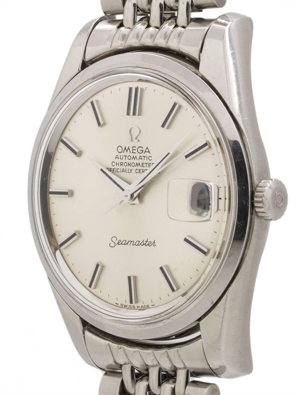 
Introduced in 1948, the Omega Seamaster has been produced in countless different styles and configurations. This particular Seamaster ref# 166.010 with movement serial # 30 million circa 1969 is a very interesting example distinguished by the