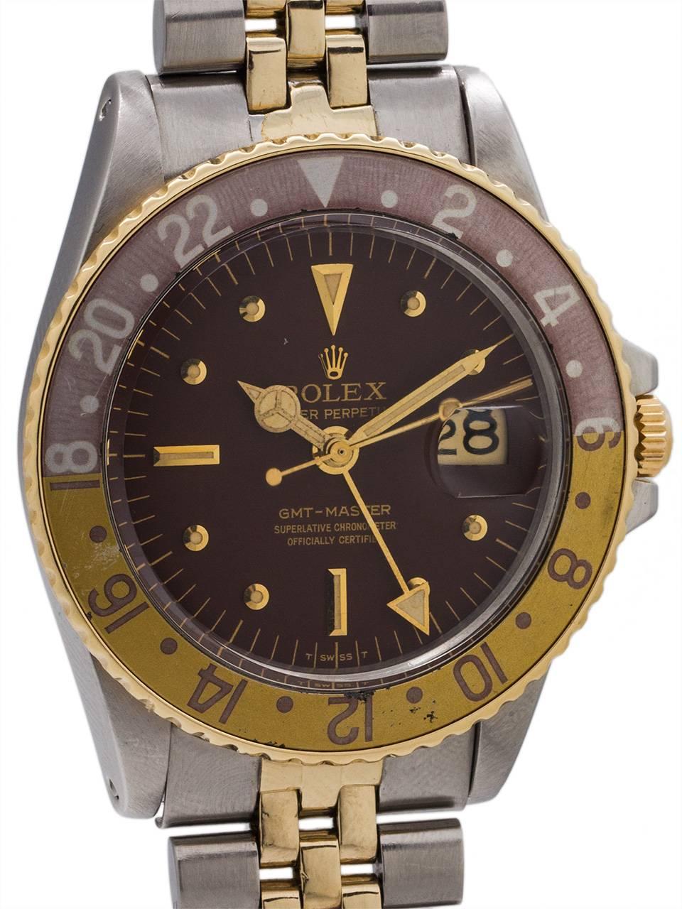 Rolex Yellow Gold Stainless Steel GMT-Master Automatic Wristwatch Ref 1675 In Excellent Condition In West Hollywood, CA