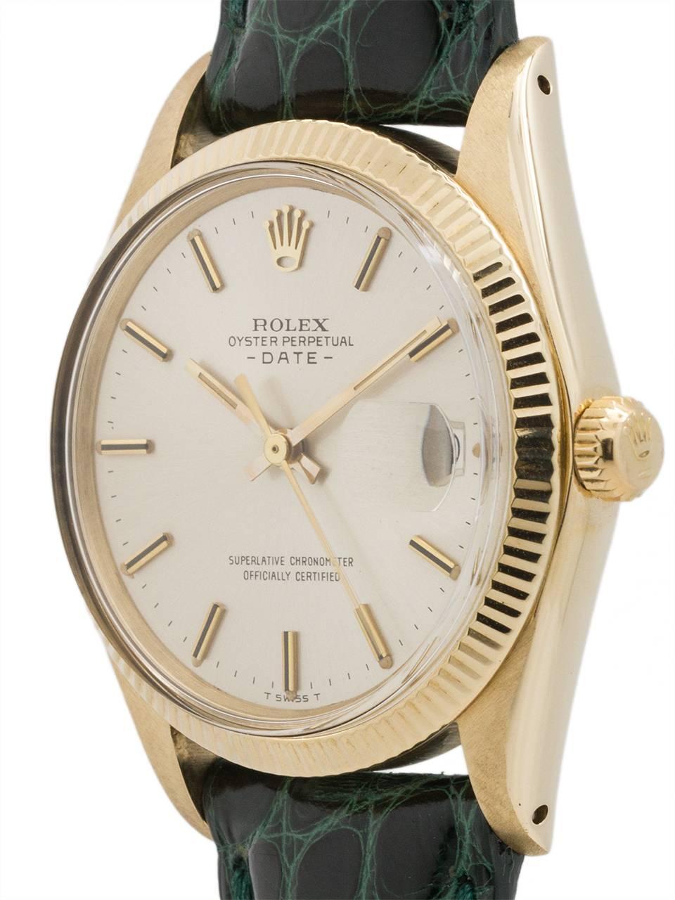 
Vintage Rolex Oyster Perpetual Date ref# 1503 serial # 3.0 million circa 1972. Featuring 34mm diameter case with fine milled bezel, acrylic crystal, and very pleasing original silvered dial with applied gold indexes and gilt baton hands. Powered by