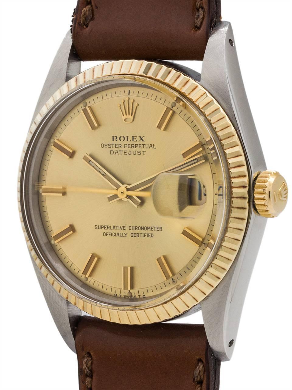 
Vintage Rolex Datejust ref 1601, stainless steel & 14k yellow gold case with a 3.5 million serial number, circa 1973. Featuring 36mm diameter case, with 14k yellow gold fluted bezel, and acrylic crystal. Original champagne pie pan dial with