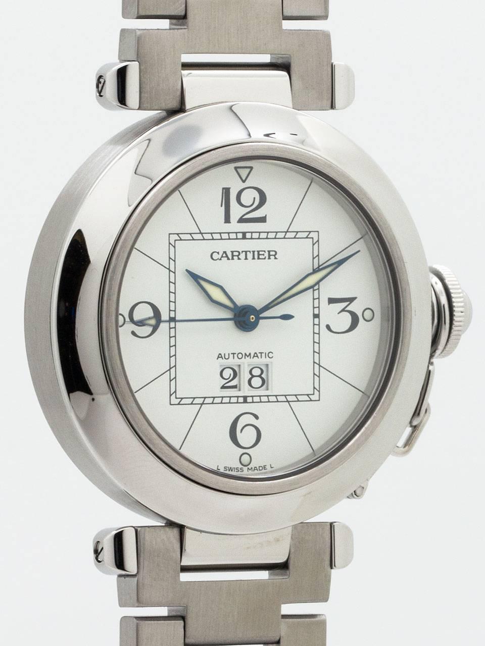 Cartier Stainless Steel Pasha C ref 2475 circa 2000s. 35.5 x 42 diameter case with smooth bezel, sapphire crystal and stainless steel screw down canteen style crown protector. Featuring original white dial with large black Arabic numerals and