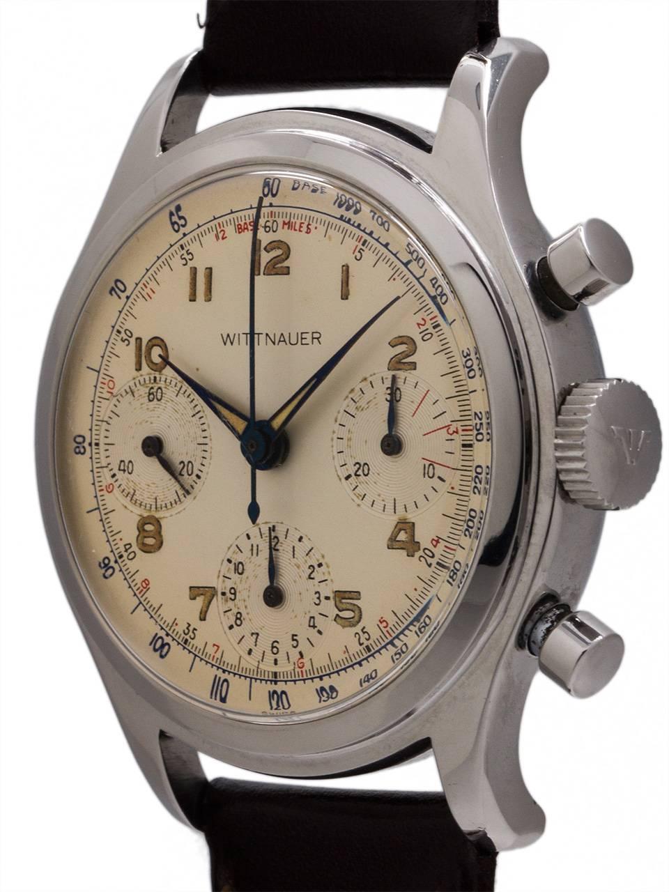 
Great looking vintage Wittnauer 3 registers manual wind chronograph with very pleasing original dial circa 1959. Great looking all original cream color dial with luminous arabic indexes, inner 12 hour scale in red, outer tachometer scale and with
