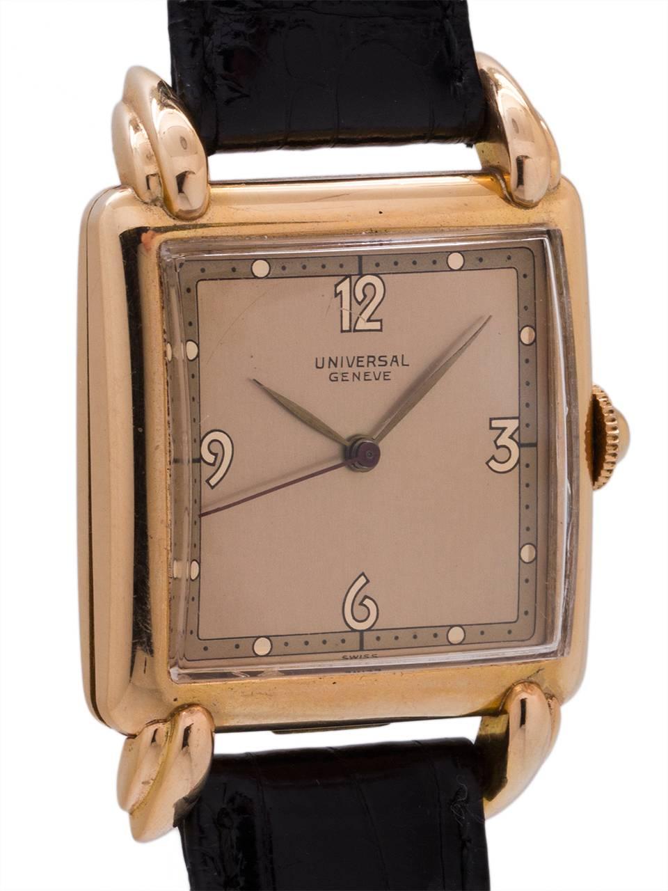 Universal Rose Gold Square dress manual wind Wristwatch, circa 1950s In Excellent Condition In West Hollywood, CA