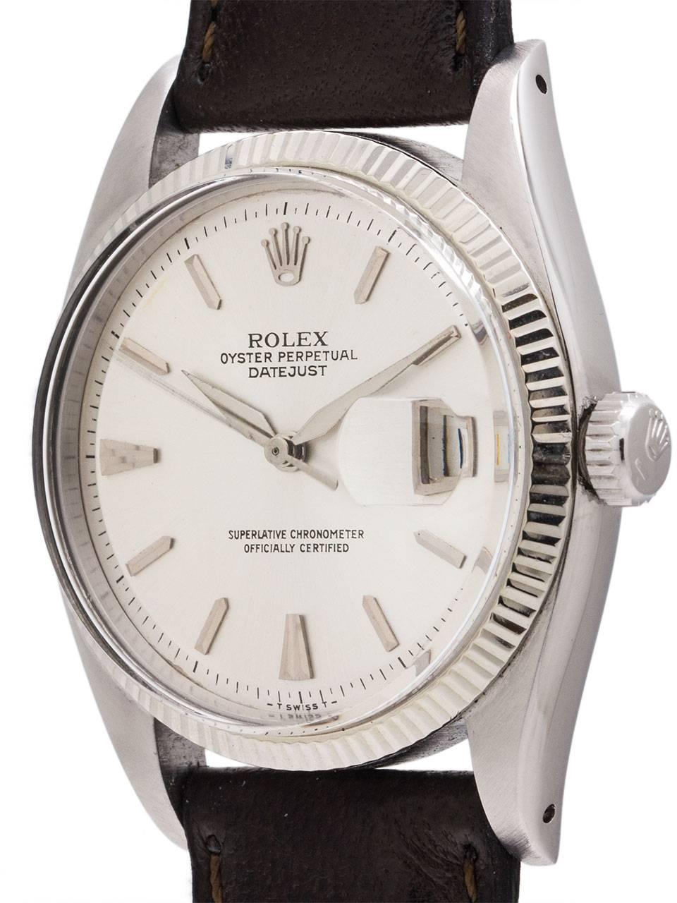 An early, and exceptional condition Rolex Datejust model ref 6605 serial # 413,xxx circa 1957. Featuring 36mm diameter case with 14K white gold fine milled bezel, acrylic crystal, with beautifully restored matte silver dial with elongated and
