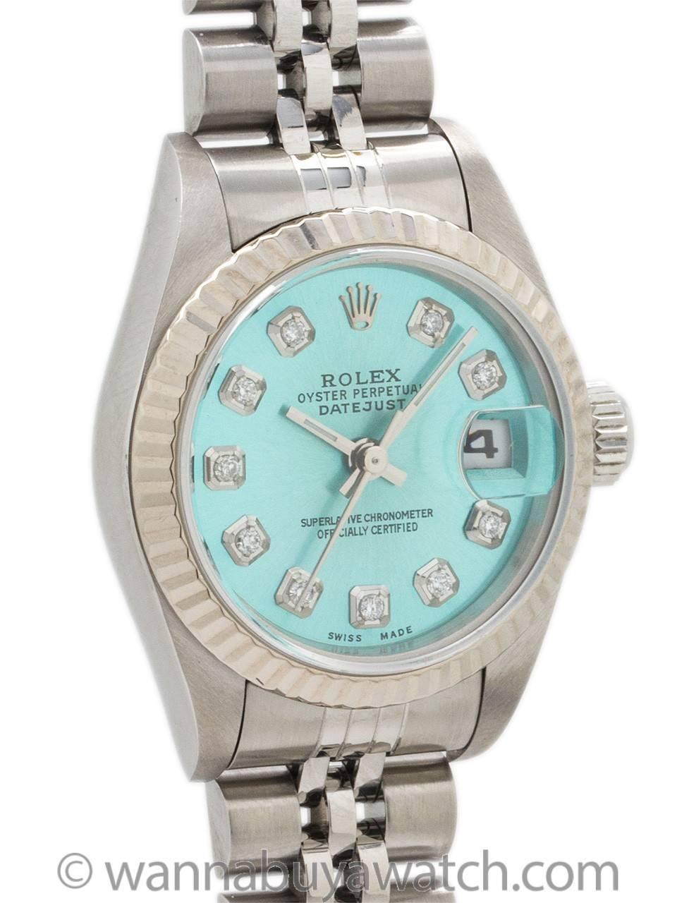 Rolex Ladies Stainless Steel Diamond Ice Blue Dial self-winding wristwatch  In Excellent Condition In West Hollywood, CA