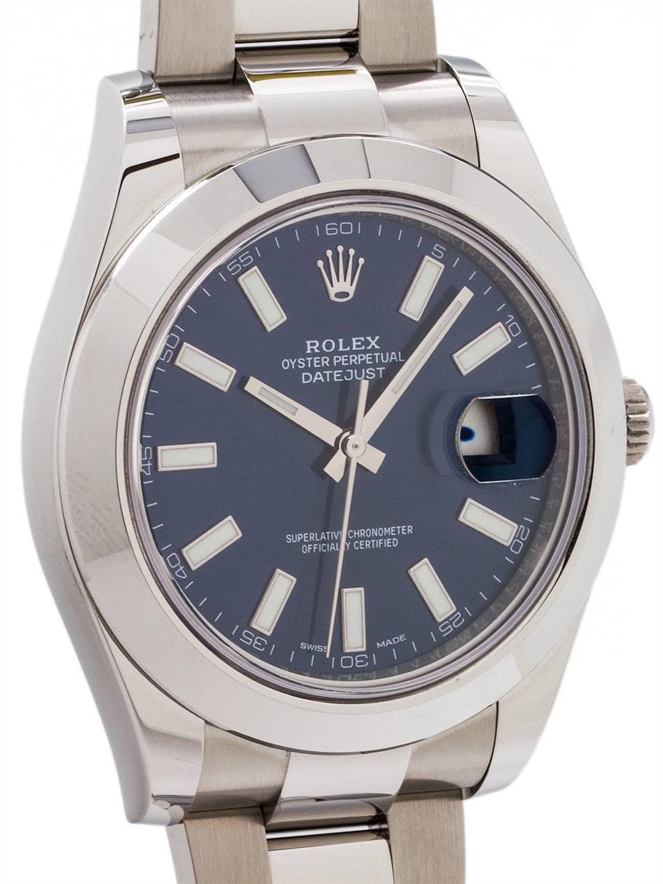 
Rolex Datejust II stainless steel ref # 116300 circa 2016. This is the current large 42mm diameter case with smooth dome bezel, sapphire crystal, and especially beautiful original sapphire blue dial with large luminova indexes and  baton hands.