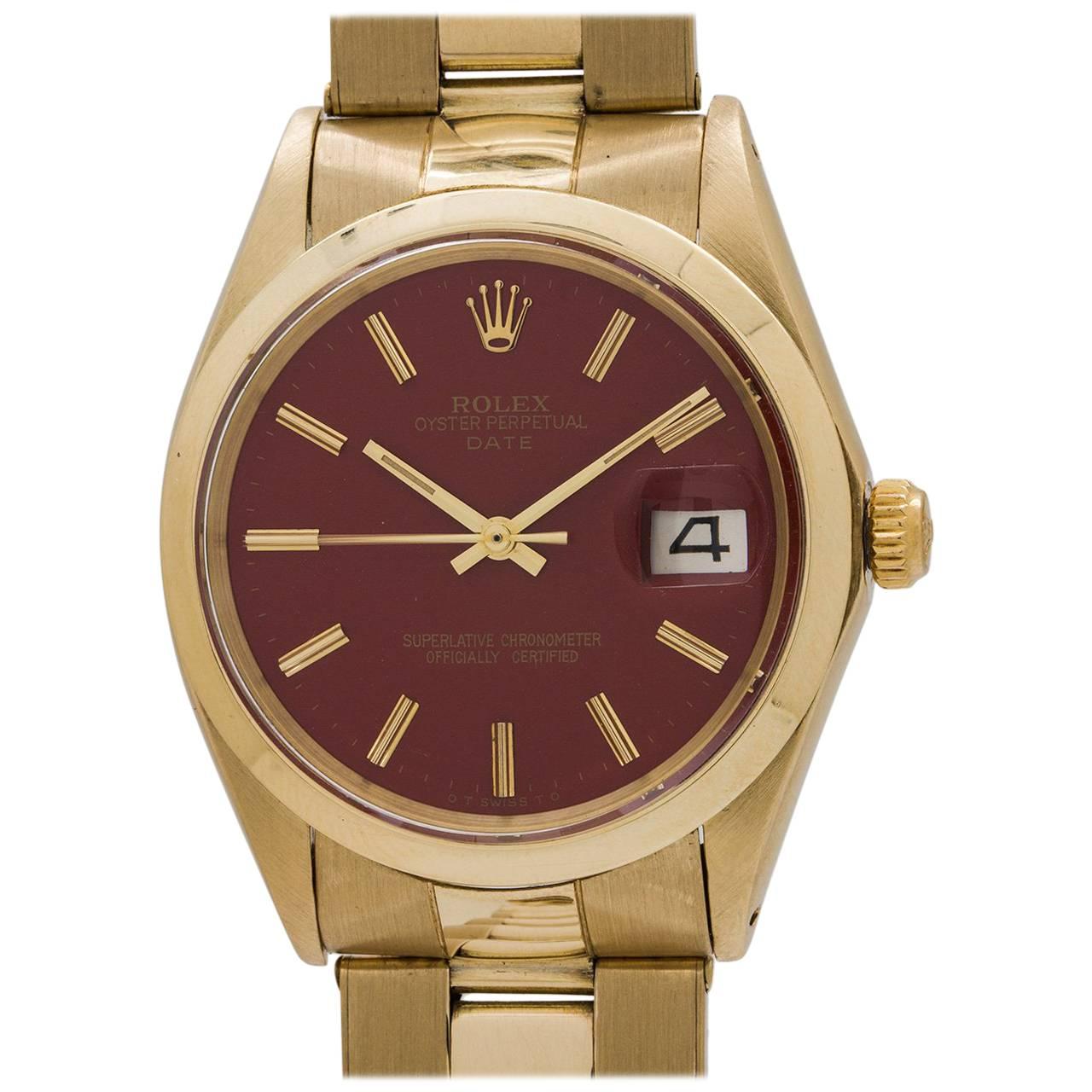 Rolex Yellow Gold Oyster Perpetual Date Brick Red self winding Wristwatch