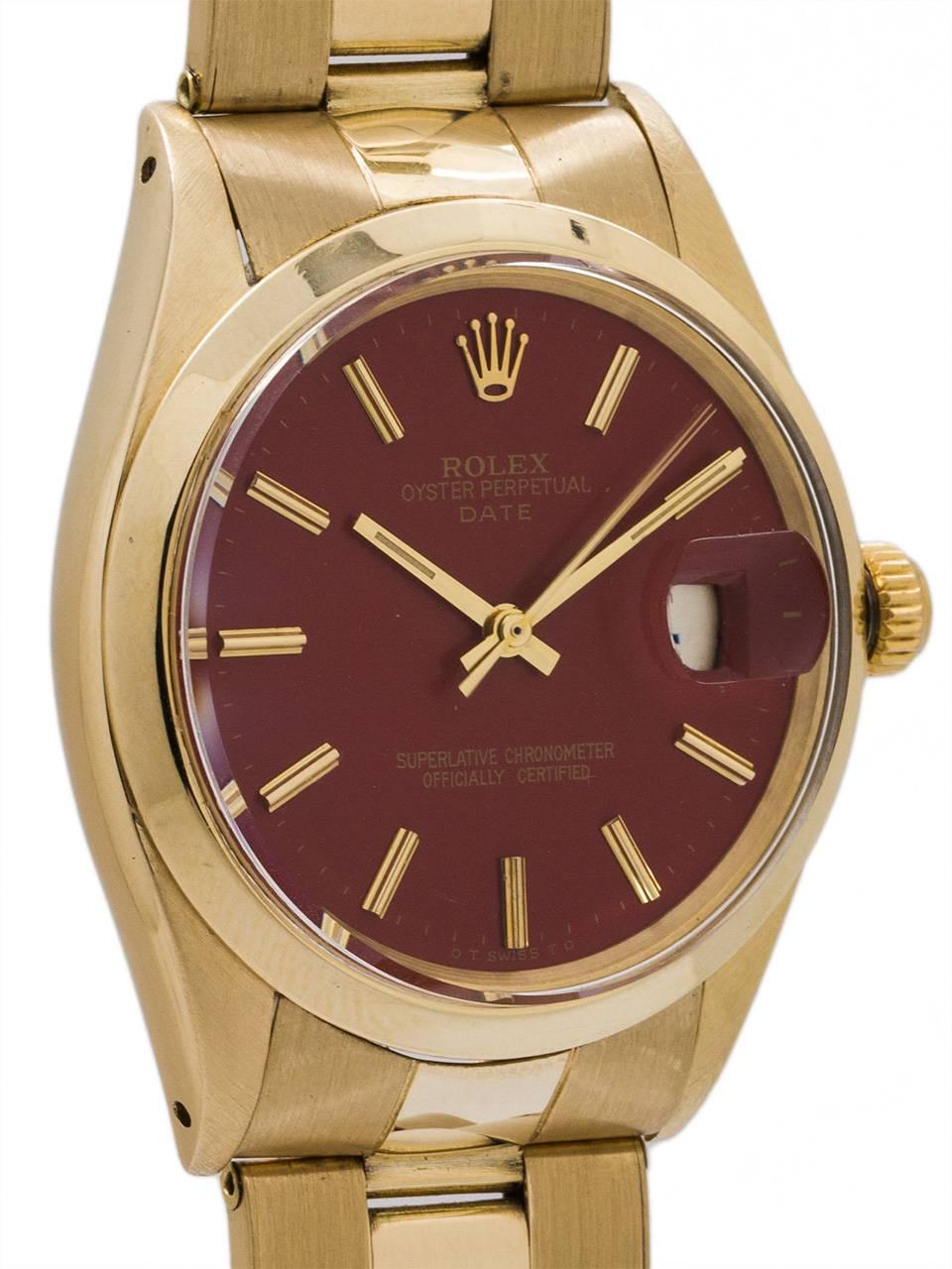 Modern Rolex Yellow Gold Oyster Perpetual Date Brick Red self winding Wristwatch