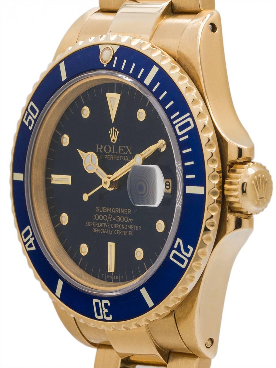 Exceptional condition example Rolex 18K YG Submariner ref 16808, serial #R4, circa 1987. Exceptional condition example of this classic early sapphire crystal model. With beefy lugs case, sapphire crystal, original intense blue original glossy blue