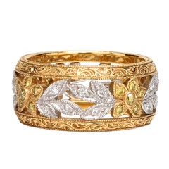 Wide Platinum and Yellow Gold Vintage Style Diamond Eternity Band, circa 2000s