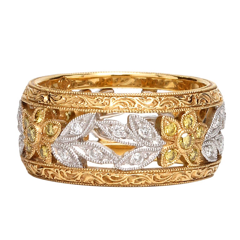 Wide Platinum and Yellow Gold Vintage Style Diamond Eternity Band, circa 2000s For Sale