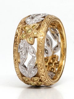 Wide Platinum and Yellow Gold Vintage Style Diamond Eternity Band, circa 2000s