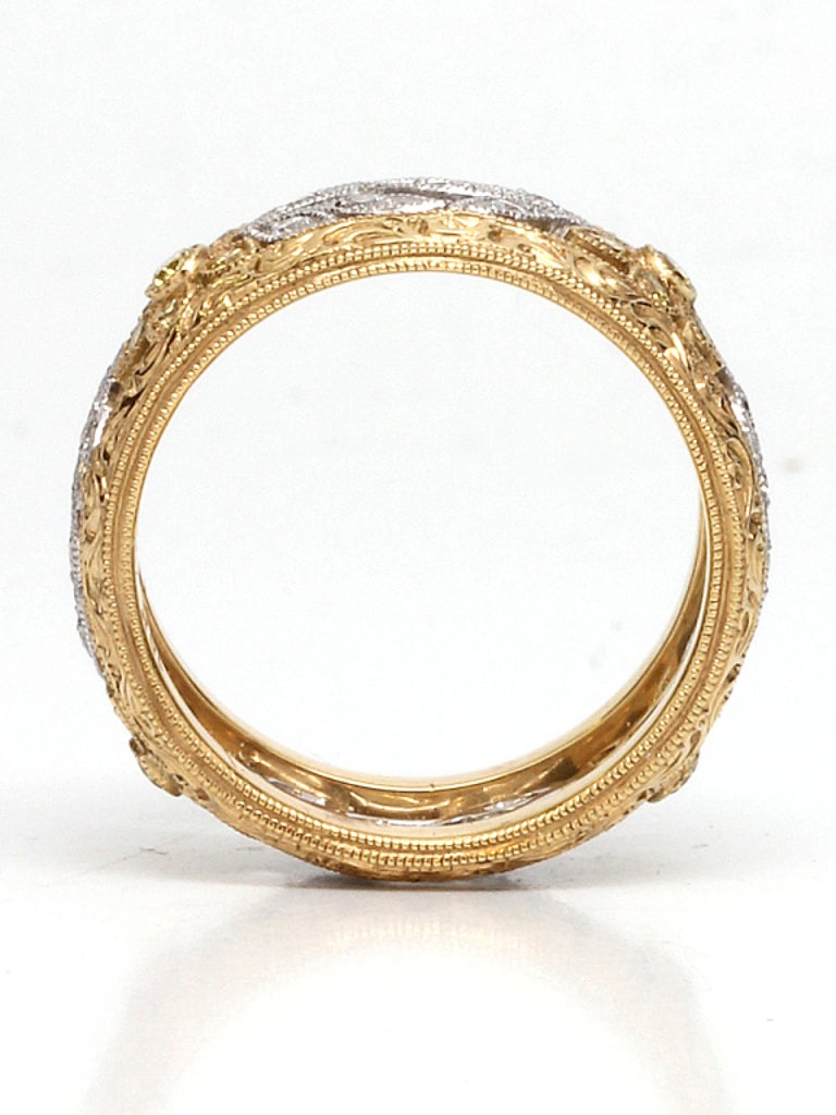 Wide Platinum and Yellow Gold Vintage Style Diamond Eternity Band, circa 2000s In New Condition For Sale In West Hollywood, CA