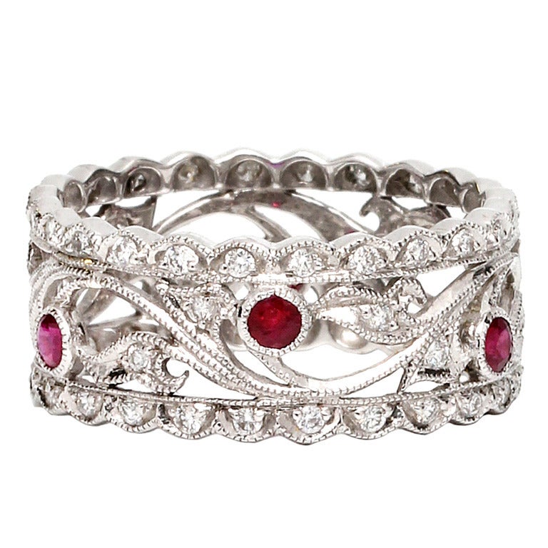 Vintage Style 18K WG Diamond and& Ruby Eternity Band 0.51ct, circa 2000s For Sale