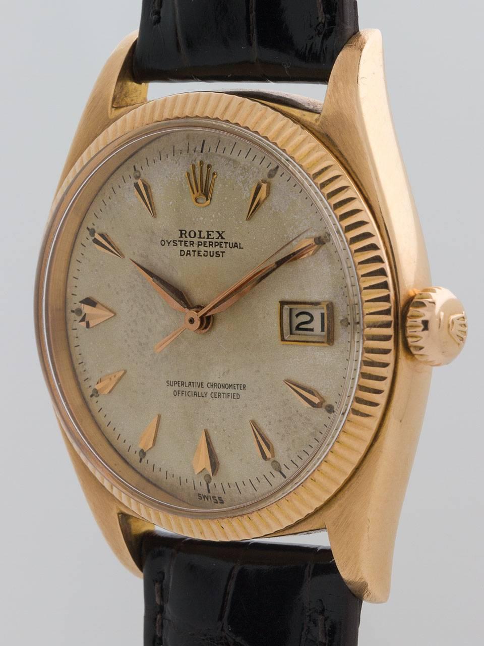 Rolex Rose Gold Early Datejust Wristwatch Ref 6605 circa 1958 In Good Condition In West Hollywood, CA